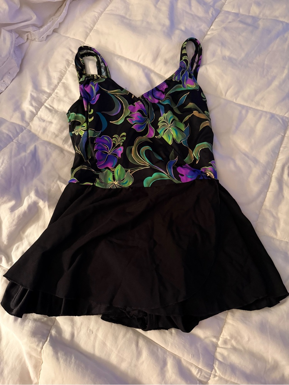 Floral Print Black Skirted One-Piece Swimsuit